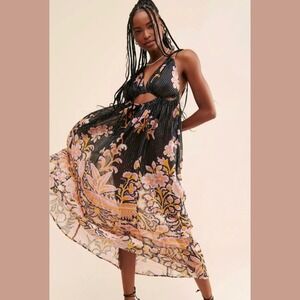 Anthropologie Size XS Maxi‎ Dress Cutout Flowy Boho Metallic Whimsy Fairy